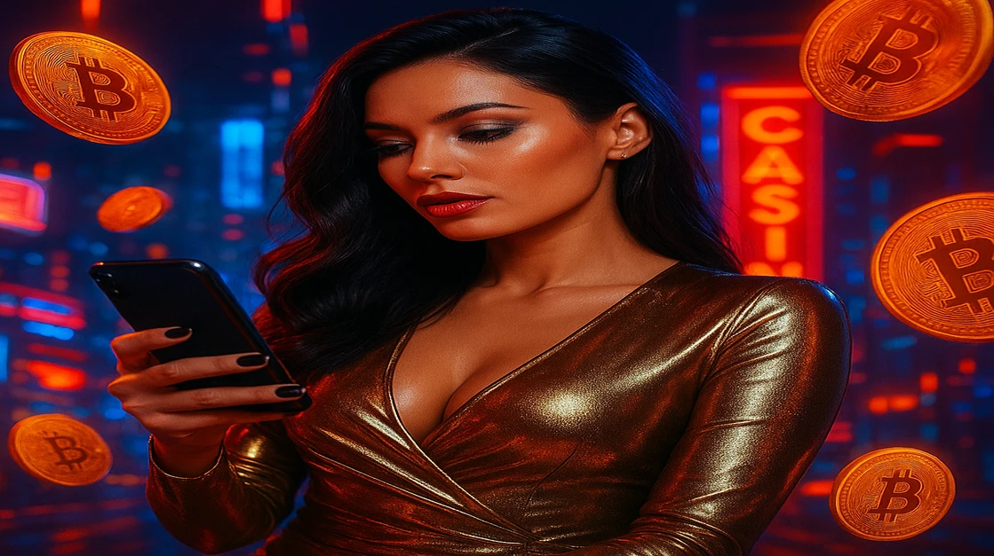 AK44 Live ক্রিপ্টো-গেমিং প্ল্যাটফর্মে লগইন করতে একজন নারী একটি স্মার্টফোন ধরে আছেন, তার চারপাশে জ্বলজ্বল করে ডিজিটাল কয়েন ও একটি আধুনিক-ভবিষ্যৎ গেমিং প্ল্যাটফর্ম পরিবেশ।